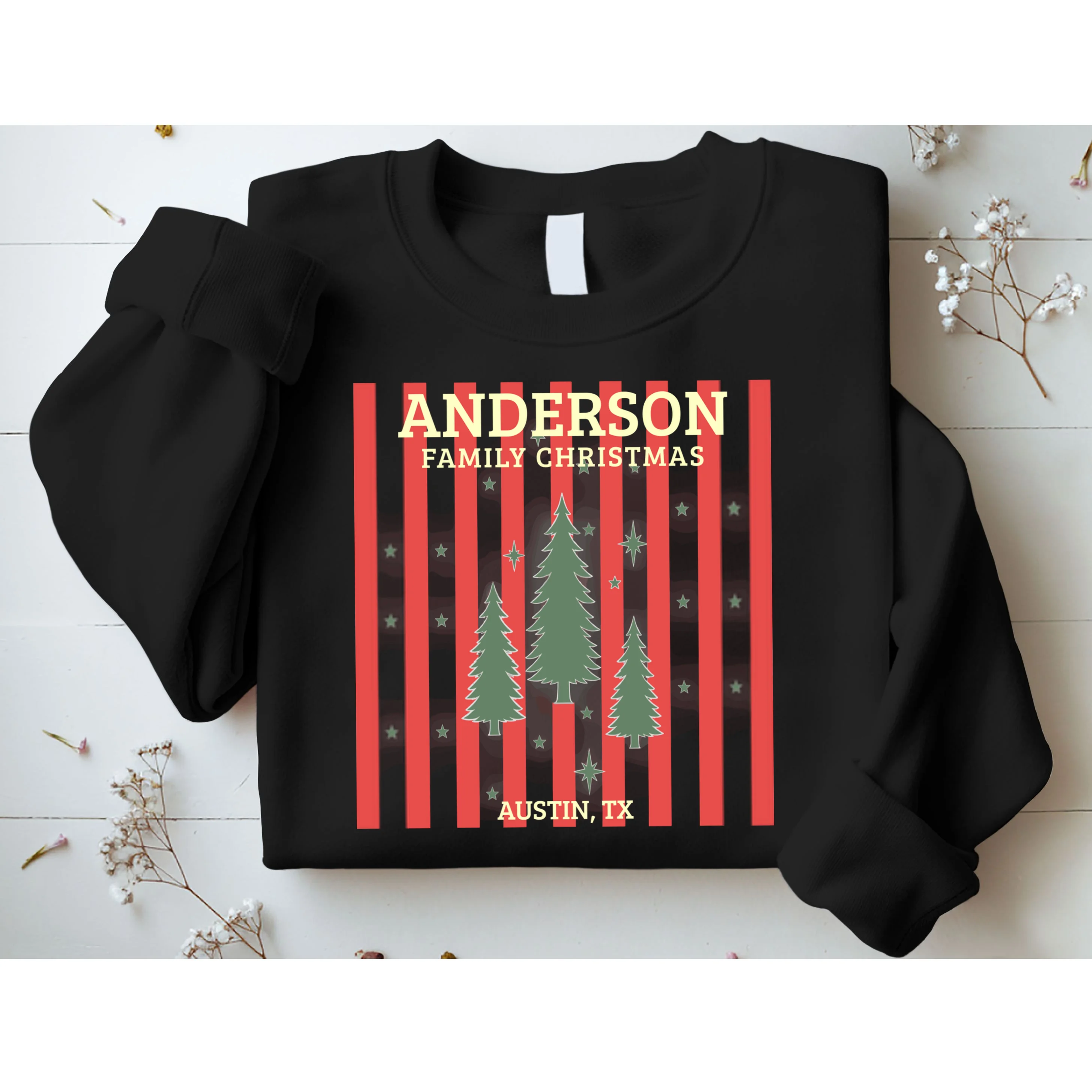 Custom Personalized Name & Place with Christmas Stripes & Trees Men's Sweatshirt - Front 1