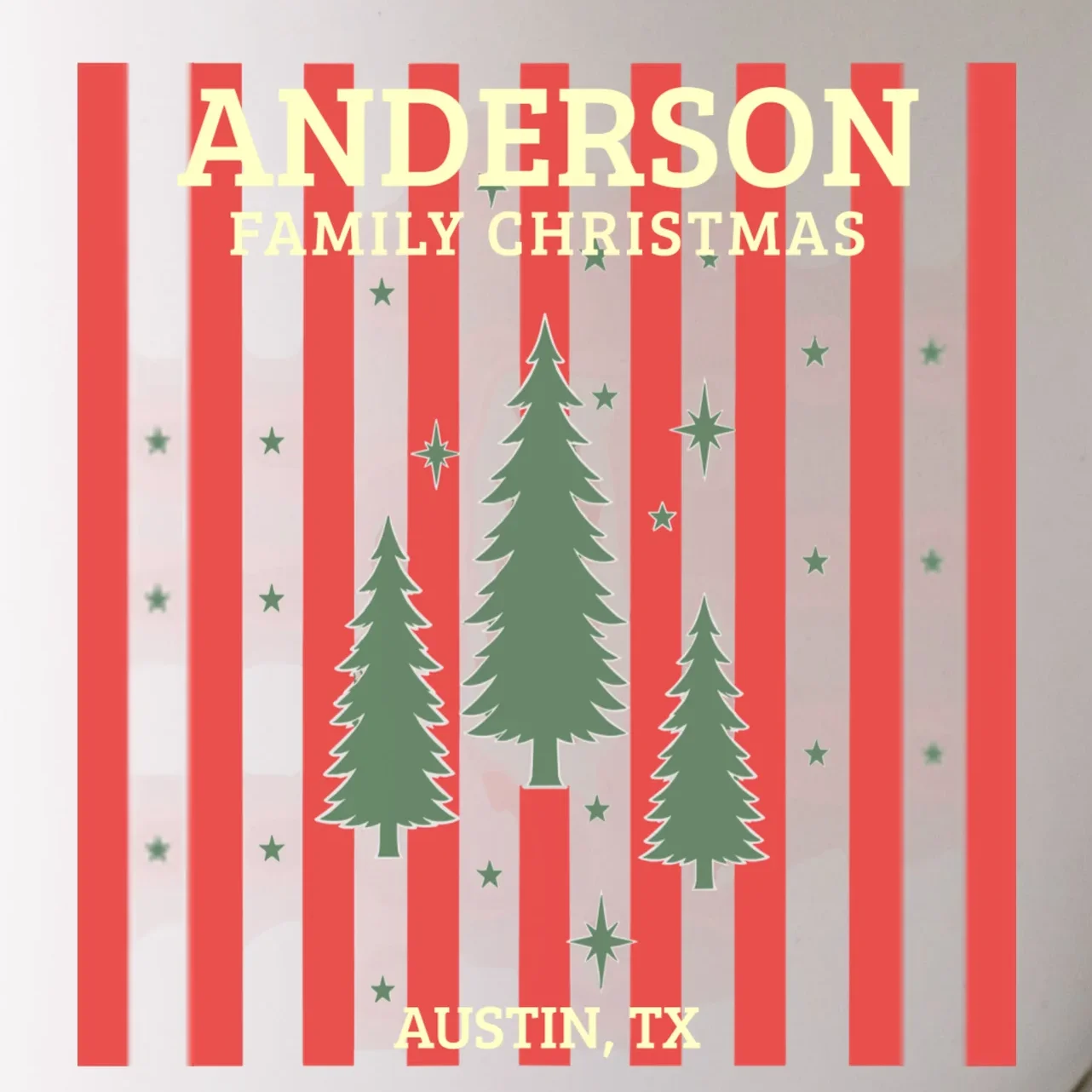 Custom Personalized Name & Place with Christmas Stripes & Trees Mug - Front - Close-up
