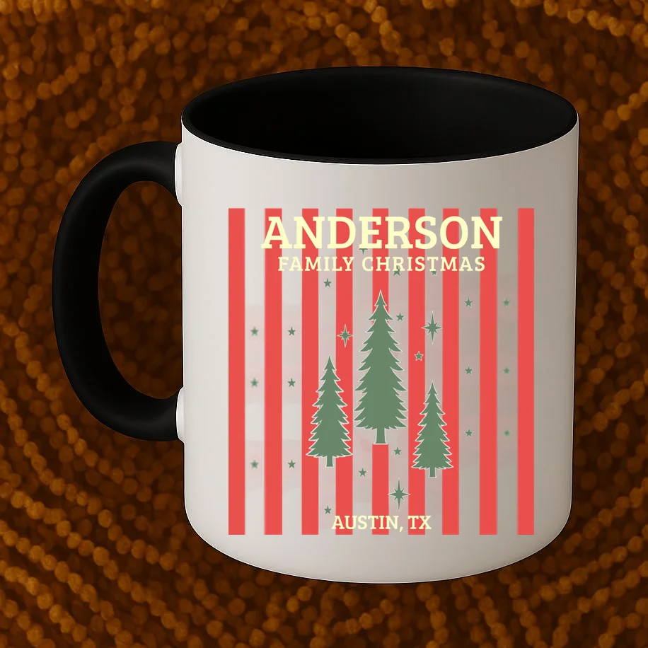 Custom Personalized Name & Place with Christmas Stripes & Trees Mug - Front 1