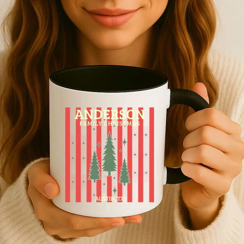 Custom Personalized Name & Place with Christmas Stripes & Trees Mug - Front 2