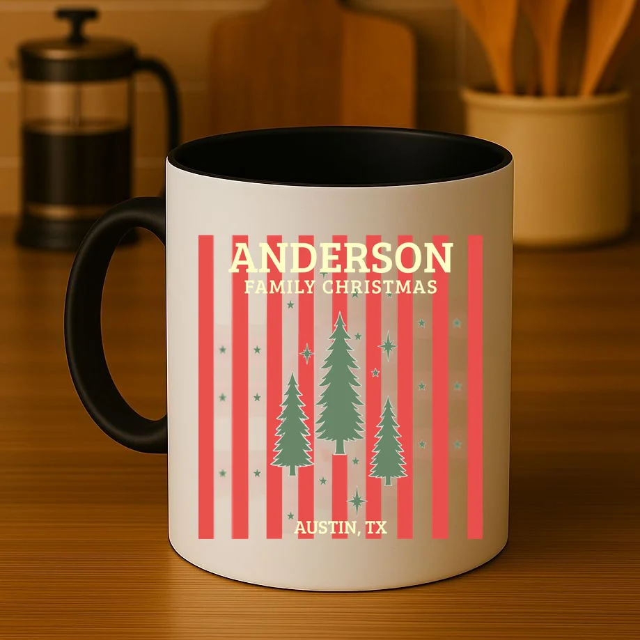 Custom Personalized Name & Place with Christmas Stripes & Trees Mug - Front 3