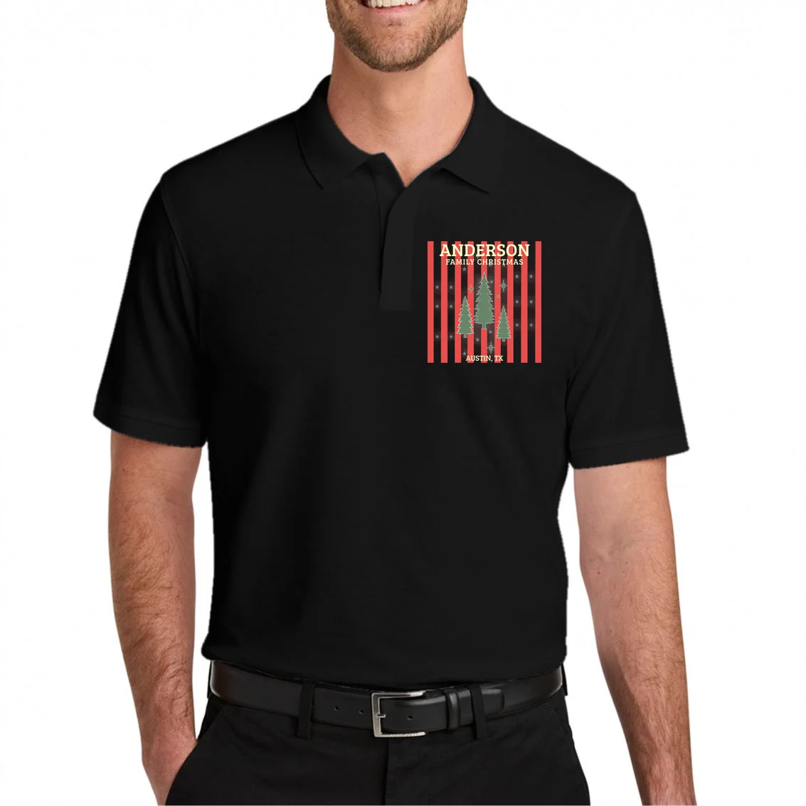 Custom Personalized Name & Place with Christmas Stripes & Trees Men's Polo - Front 1