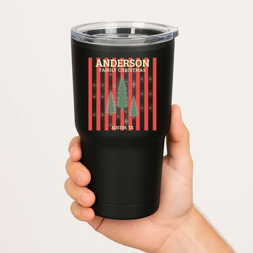 Custom Personalized Name & Place with Christmas Stripes & Trees 20oz Tumbler - Front 1