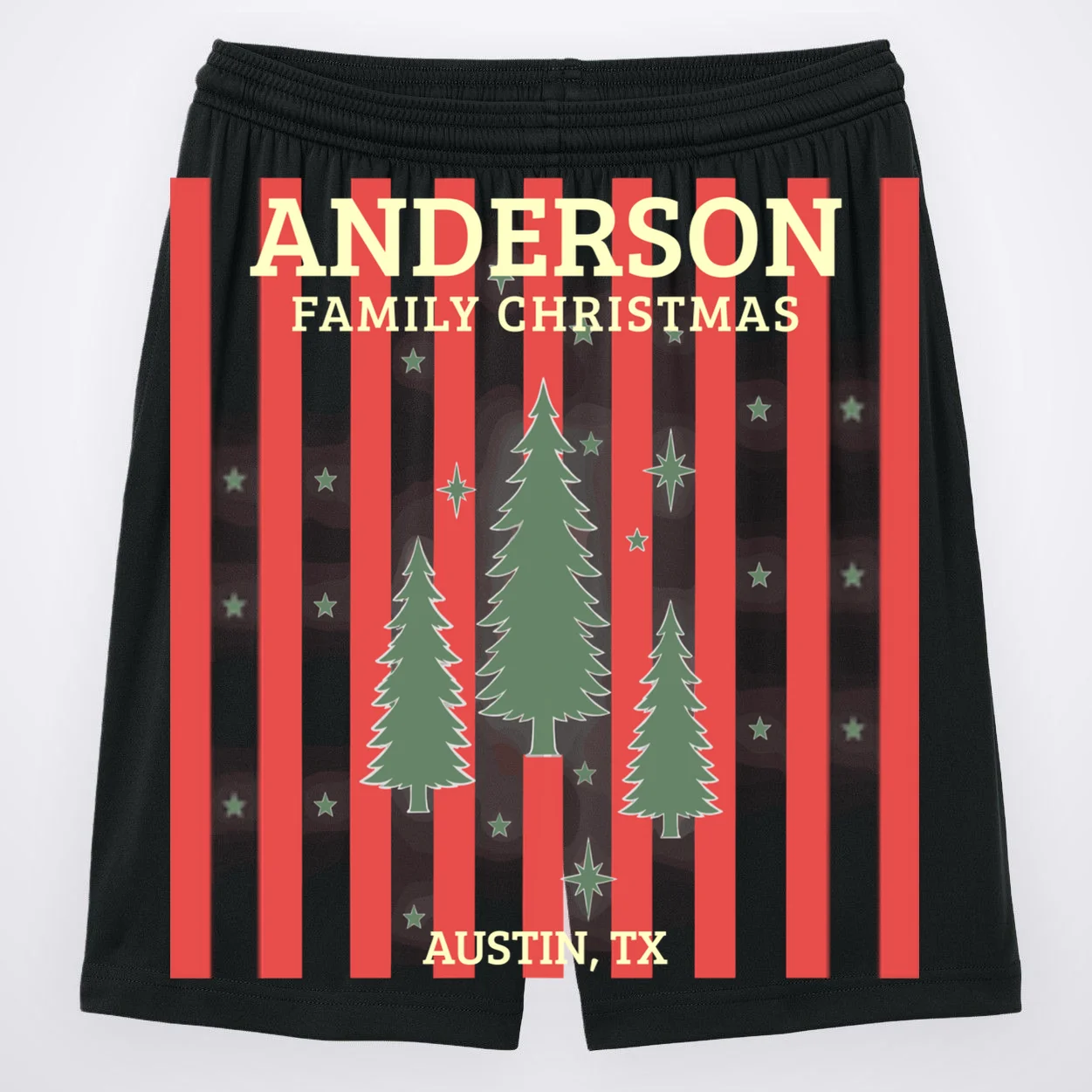 Custom Personalized Name & Place with Christmas Stripes & Trees Men's Shorts Front