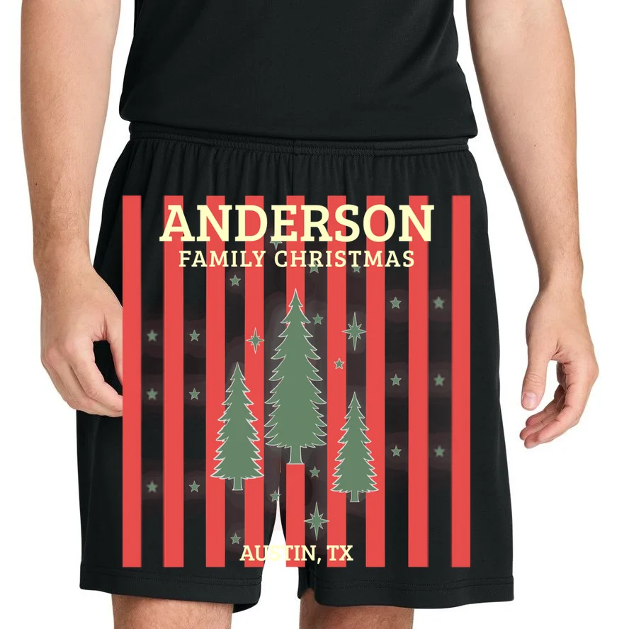 Custom Personalized Name & Place with Christmas Stripes & Trees Men's Shorts - Front 1