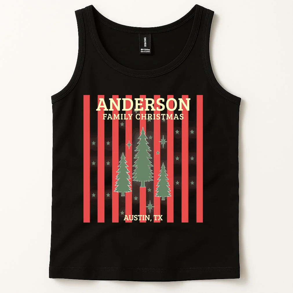 Custom Personalized Name & Place with Christmas Stripes & Trees Men's Tank Top - Front 1