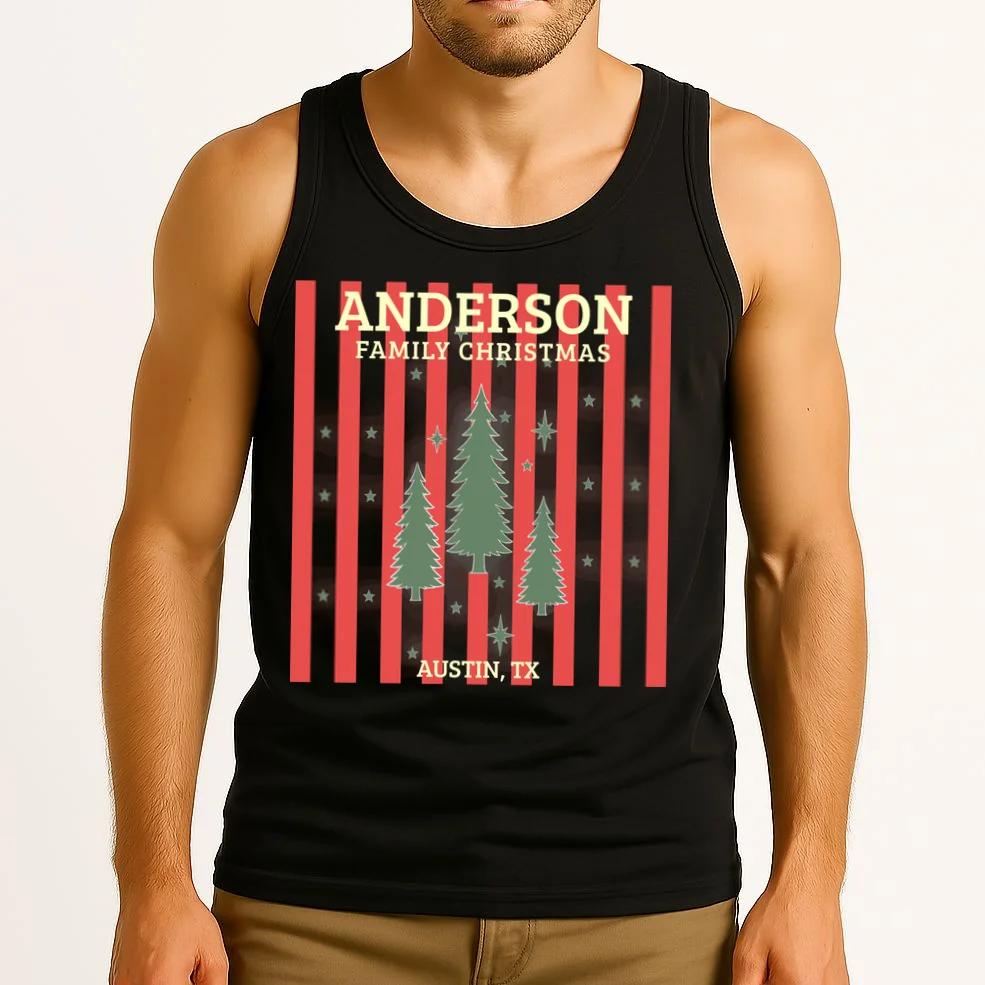 Custom Personalized Name & Place with Christmas Stripes & Trees Men's Tank Top - Front 2