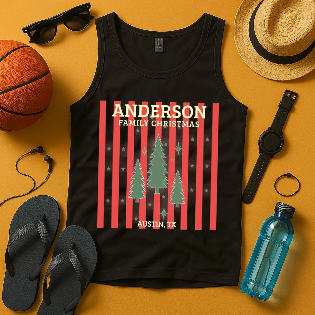 Custom Personalized Name & Place with Christmas Stripes & Trees Men's Tank Top - Front 3