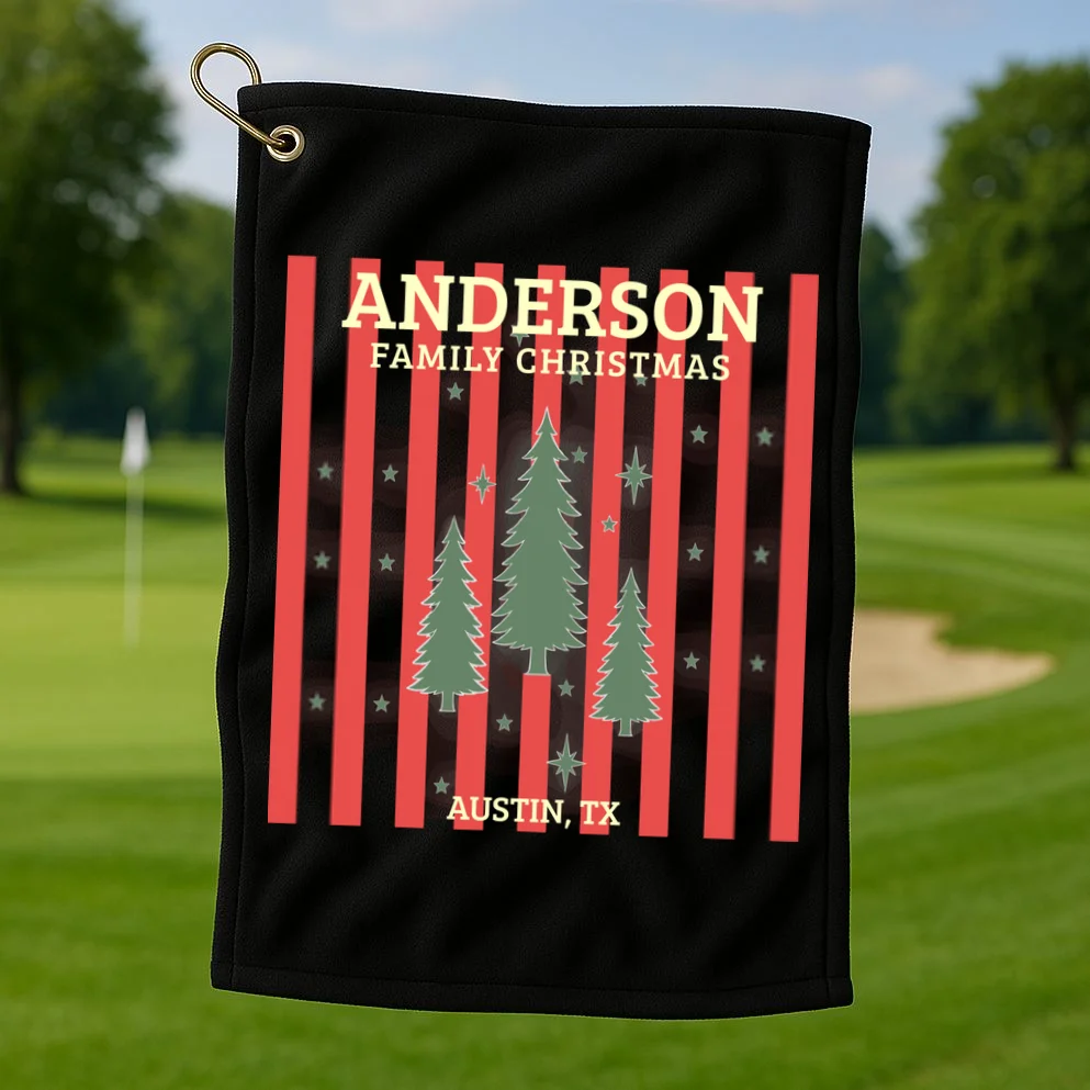Custom Personalized Name & Place with Christmas Stripes & Trees Golf Towel - Front 1