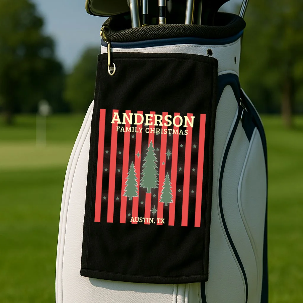 Custom Personalized Name & Place with Christmas Stripes & Trees Golf Towel - Front 2