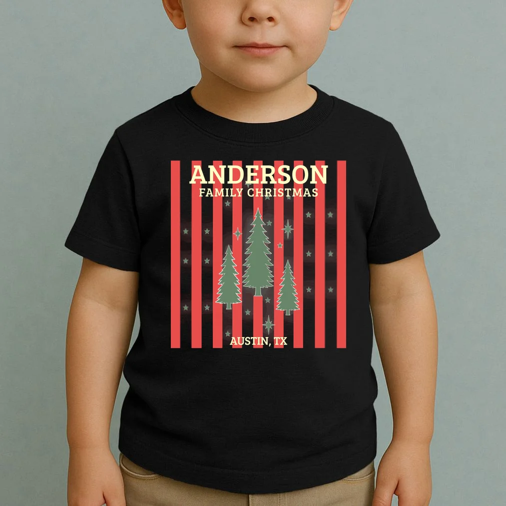 Custom Personalized Name & Place with Christmas Stripes & Trees Toddler T-Shirt - Front 1