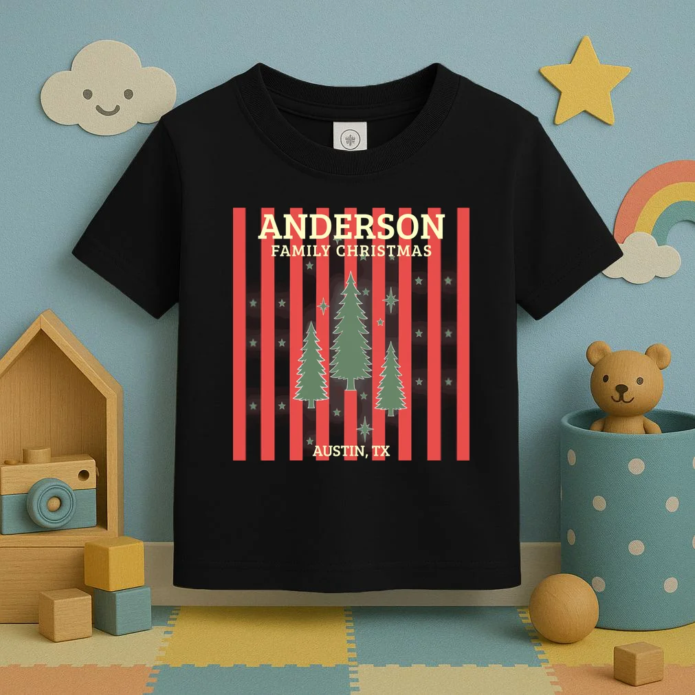 Custom Personalized Name & Place with Christmas Stripes & Trees Toddler T-Shirt - Front 2