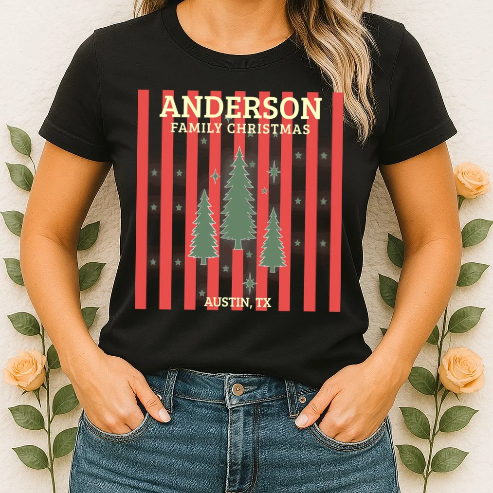 Custom Personalized Name & Place with Christmas Stripes & Trees Women's T-Shirt - Front 1