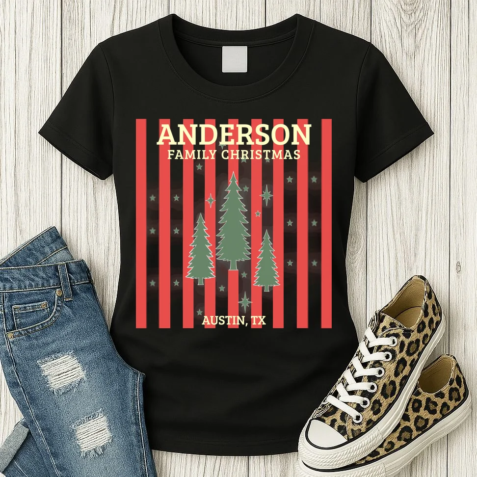 Custom Personalized Name & Place with Christmas Stripes & Trees Women's T-Shirt - Front 2