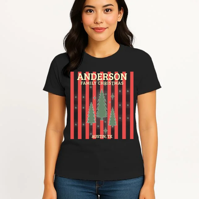 Custom Personalized Name & Place with Christmas Stripes & Trees Women's T-Shirt - Front 3