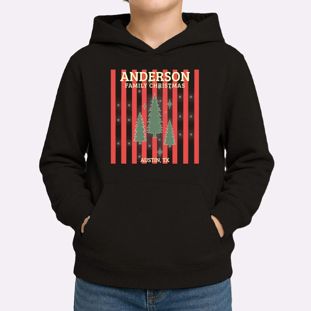 Custom Personalized Name & Place with Christmas Stripes & Trees Kids Hoodie - Front 1
