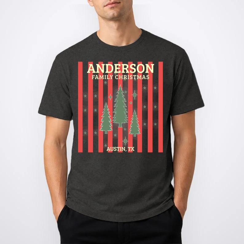 Custom Personalized Name & Place with Christmas Stripes & Trees Men's T-Shirt - Front 1