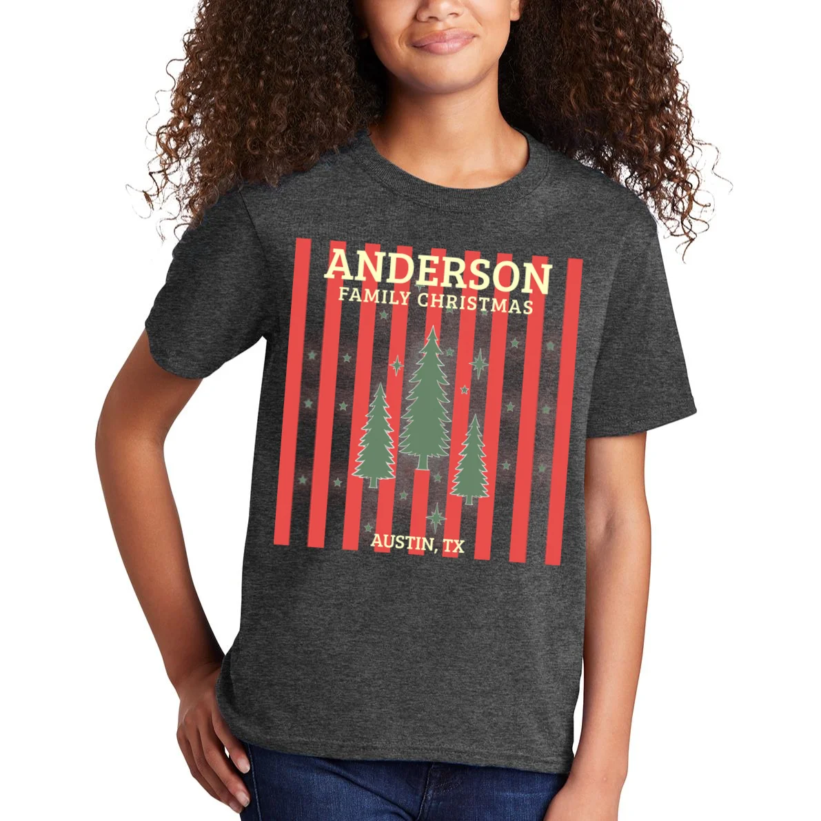 Custom Personalized Name & Place with Christmas Stripes & Trees Kids T-Shirt - Front 1