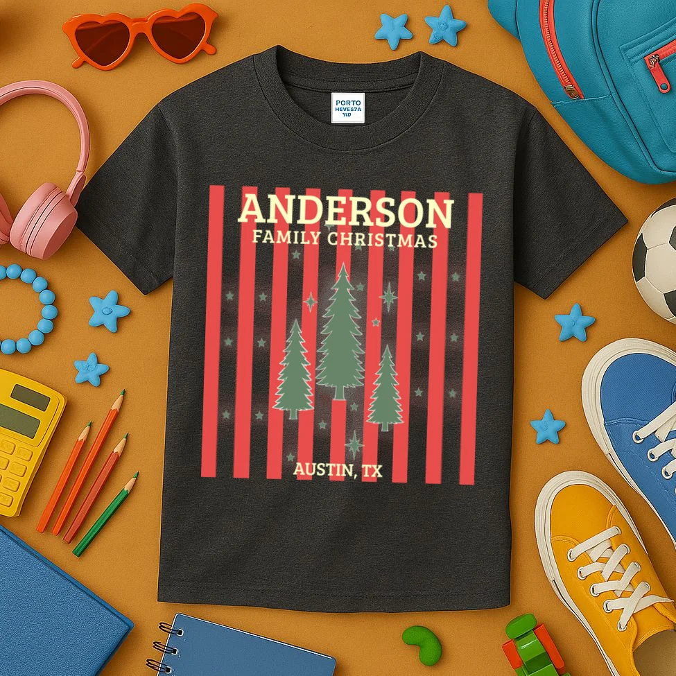 Custom Personalized Name & Place with Christmas Stripes & Trees Kids T-Shirt - Front 2