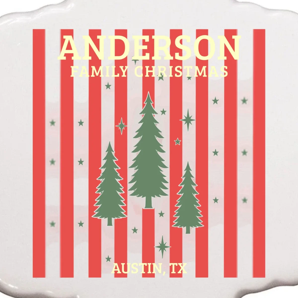 Custom Personalized Name & Place with Christmas Stripes & Trees Ornament - Front - Close-up