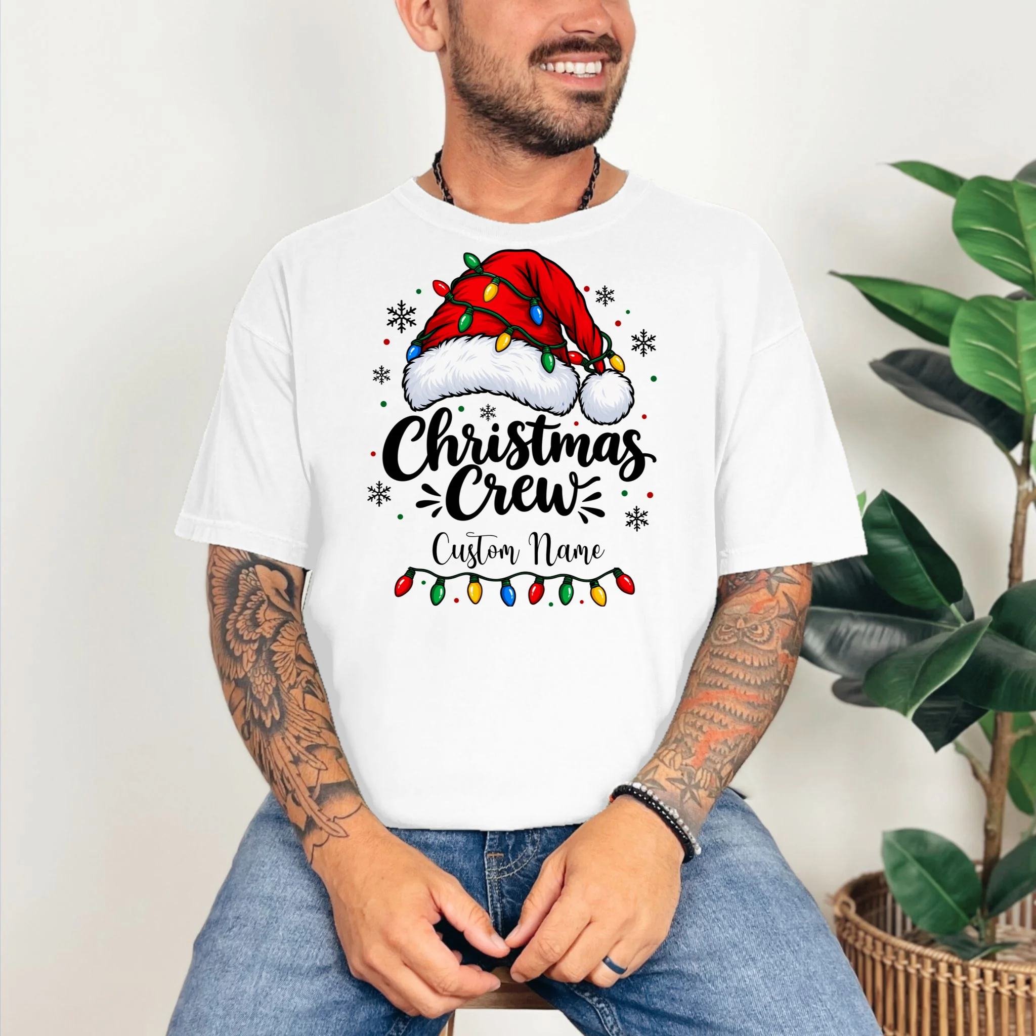 Christmas Crew Personalized Name Custom Gift - Santa Hat & Christmas Light Design Comfort Colors Unisex T-Shirt - Front 2