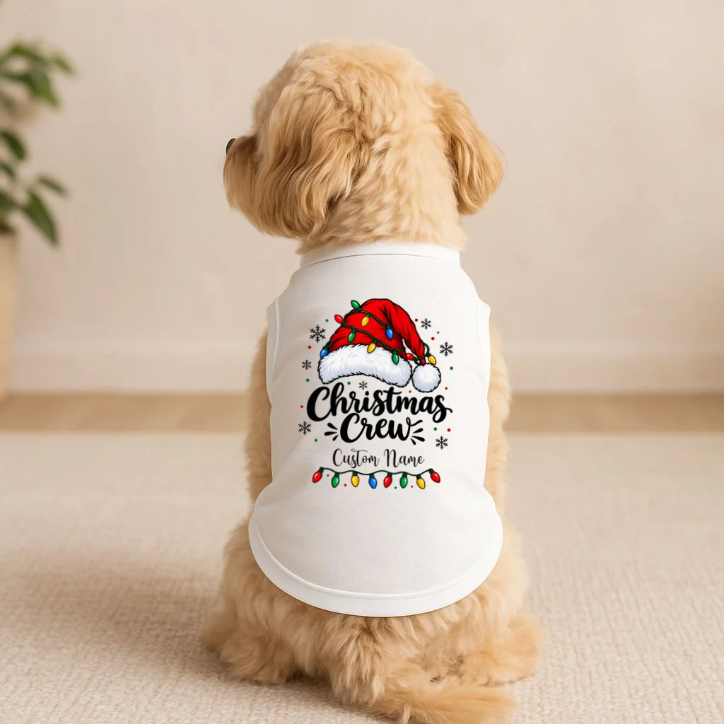 Christmas Crew Personalized Name Custom Gift - Santa Hat & Christmas Light Design Doggie Tank - Front 1