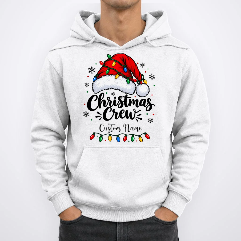 Christmas Crew Personalized Name Custom Gift - Santa Hat & Christmas Light Design Men's Hoodie - Front 1