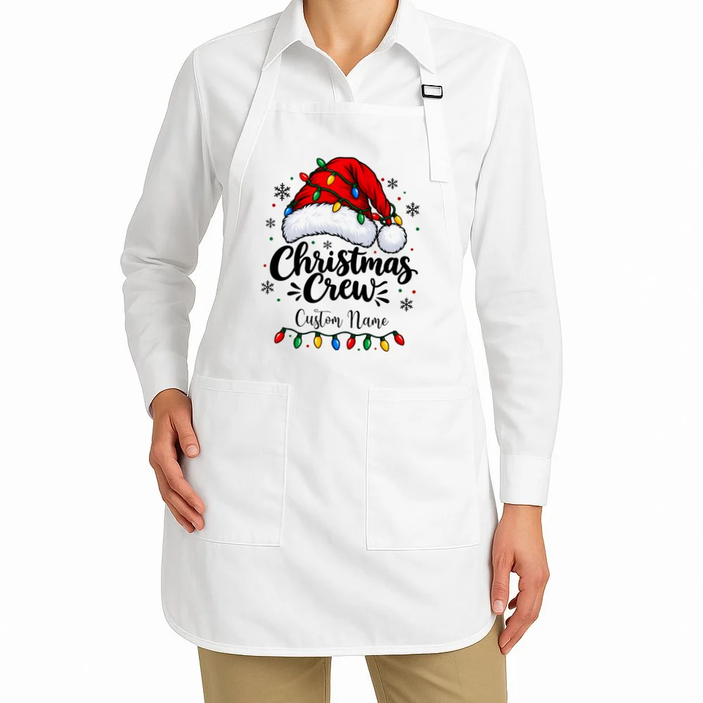 Christmas Crew Personalized Name Custom Gift - Santa Hat & Christmas Light Design Apron - Front 1