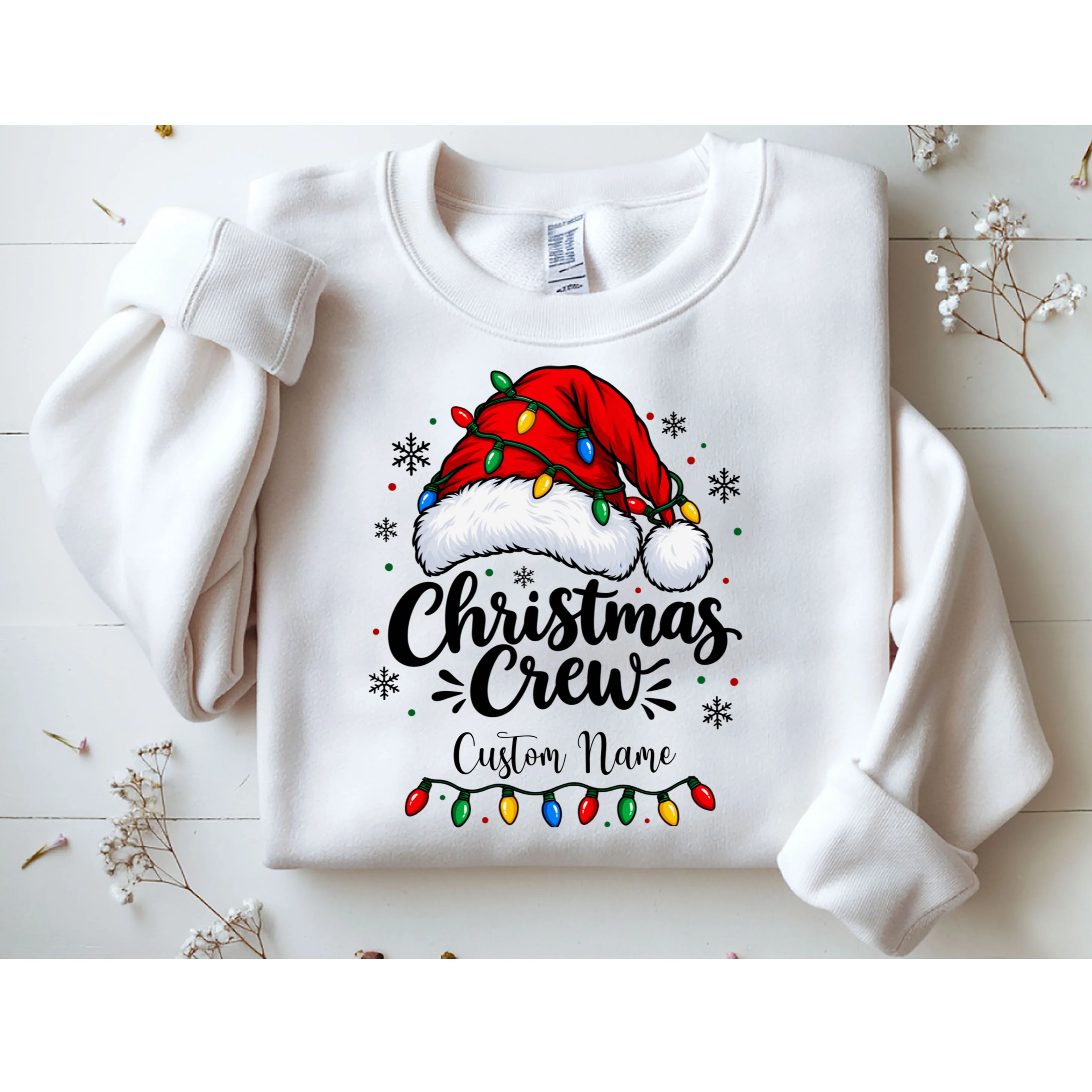Christmas Crew Personalized Name Custom Gift - Santa Hat & Christmas Light Design Men's Sweatshirt - Front 1