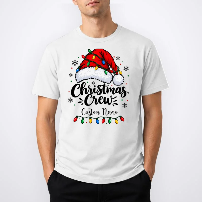 Christmas Crew Personalized Name Custom Gift - Santa Hat & Christmas Light Design Men's T-Shirt - Front 1
