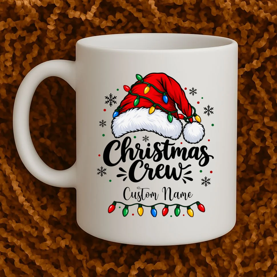 Christmas Crew Personalized Name Custom Gift - Santa Hat & Christmas Light Design Mug - Front 1