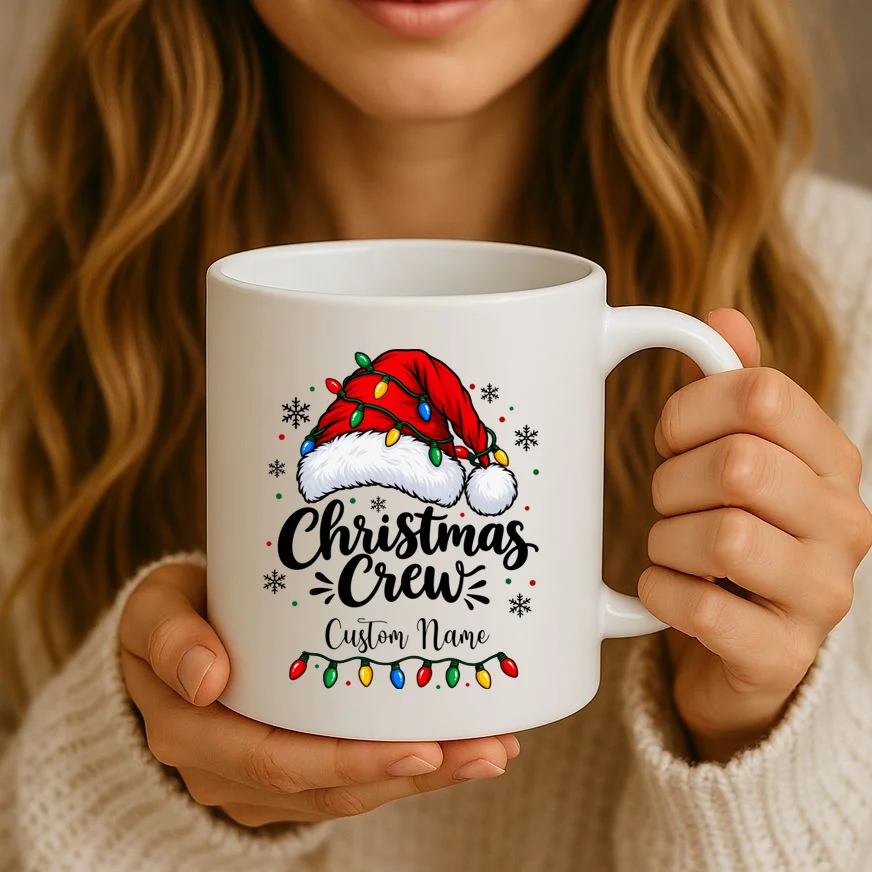 Christmas Crew Personalized Name Custom Gift - Santa Hat & Christmas Light Design Mug - Front 2