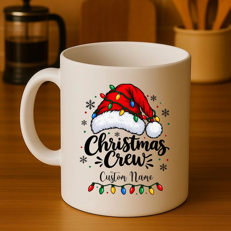 Christmas Crew Personalized Name Custom Gift - Santa Hat & Christmas Light Design Mug - Front 3