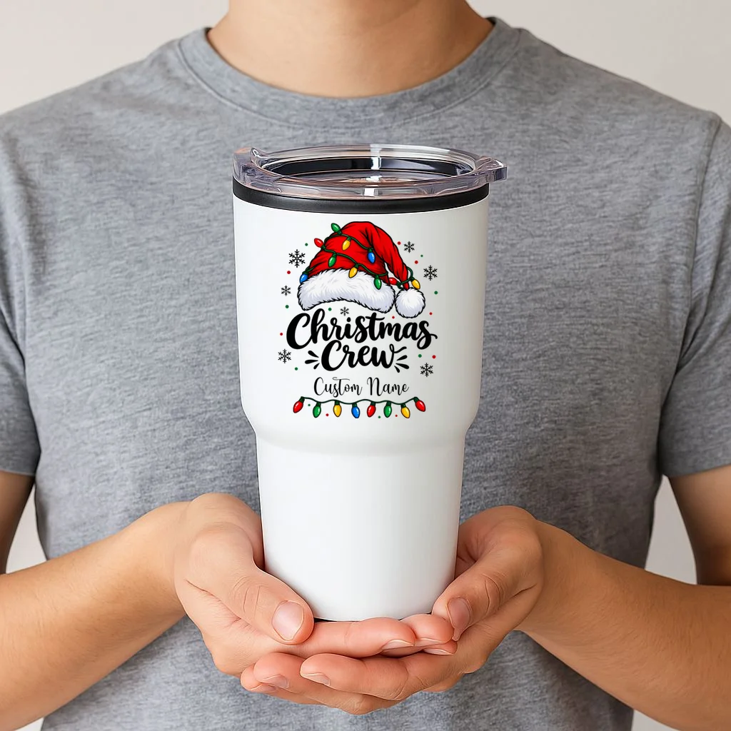 Christmas Crew Personalized Name Custom Gift - Santa Hat & Christmas Light Design 20oz Tumbler - Front 1