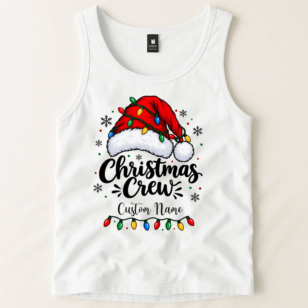 Christmas Crew Personalized Name Custom Gift - Santa Hat & Christmas Light Design Men's Tank Top - Front 1