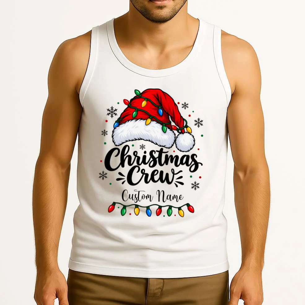 Christmas Crew Personalized Name Custom Gift - Santa Hat & Christmas Light Design Men's Tank Top - Front 2