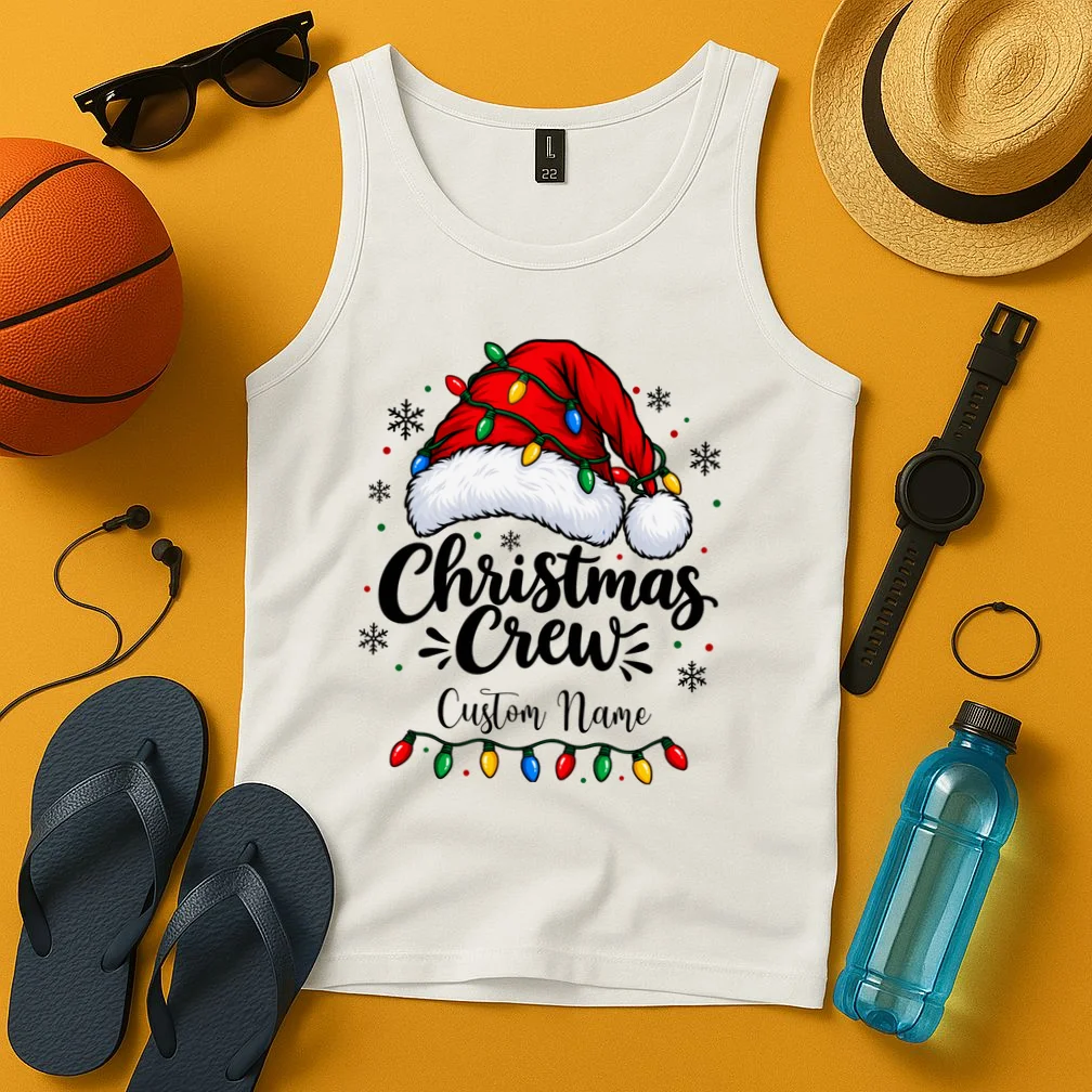 Christmas Crew Personalized Name Custom Gift - Santa Hat & Christmas Light Design Men's Tank Top - Front 3