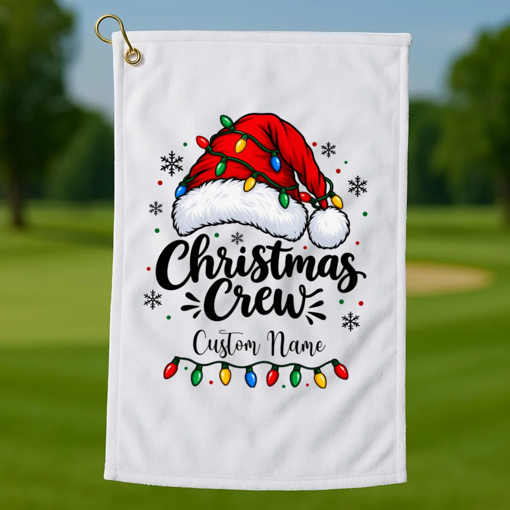 Christmas Crew Personalized Name Custom Gift - Santa Hat & Christmas Light Design Golf Towel - Front 1