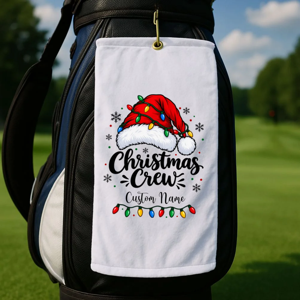 Christmas Crew Personalized Name Custom Gift - Santa Hat & Christmas Light Design Golf Towel - Front 2