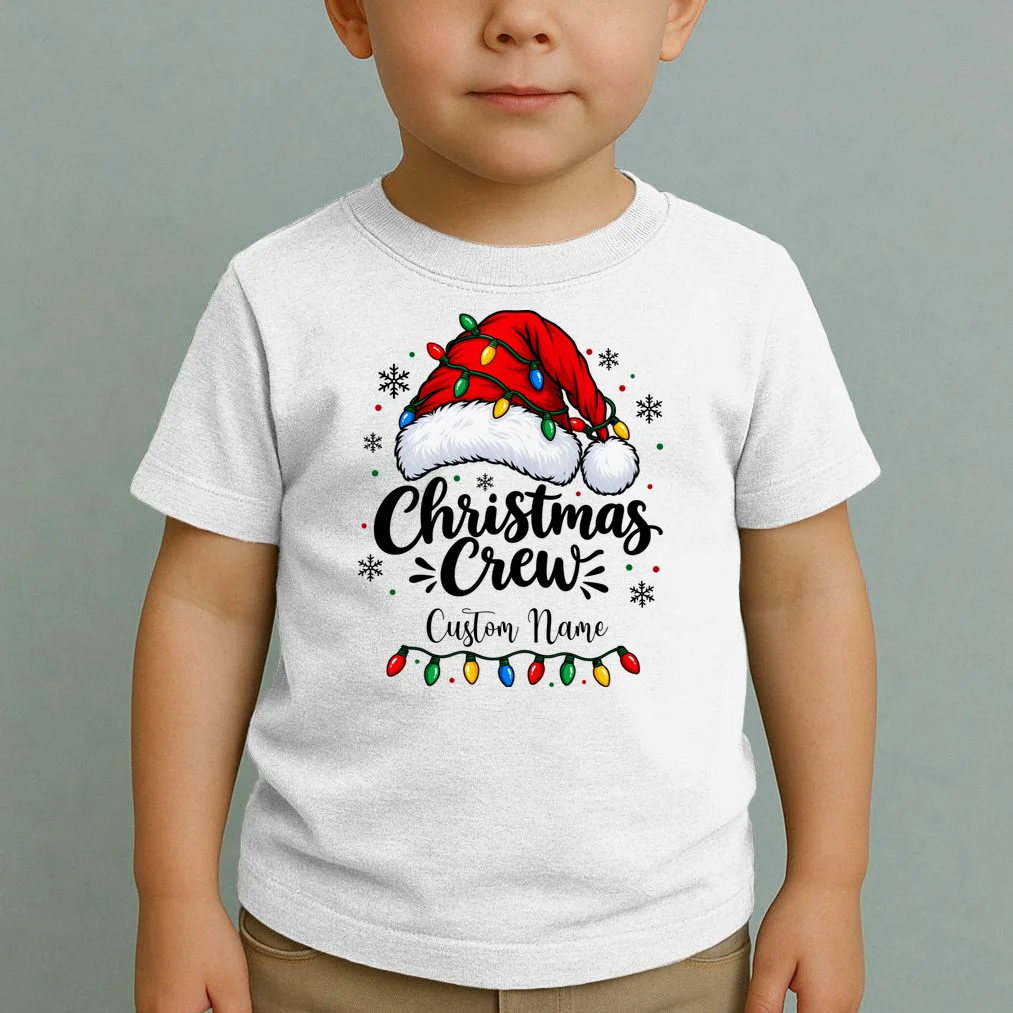 Christmas Crew Personalized Name Custom Gift - Santa Hat & Christmas Light Design Toddler T-Shirt - Front 1