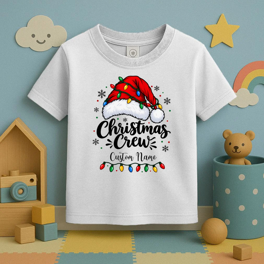 Christmas Crew Personalized Name Custom Gift - Santa Hat & Christmas Light Design Toddler T-Shirt - Front 2