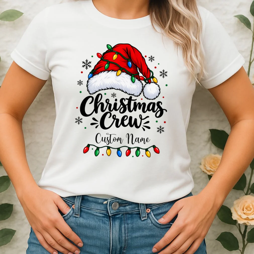 Christmas Crew Personalized Name Custom Gift - Santa Hat & Christmas Light Design Women's T-Shirt - Front 1