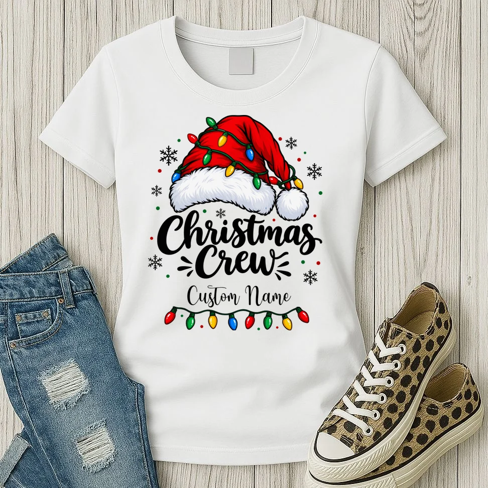 Christmas Crew Personalized Name Custom Gift - Santa Hat & Christmas Light Design Women's T-Shirt - Front 2