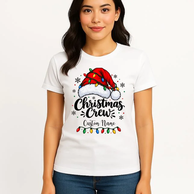 Christmas Crew Personalized Name Custom Gift - Santa Hat & Christmas Light Design Women's T-Shirt - Front 3