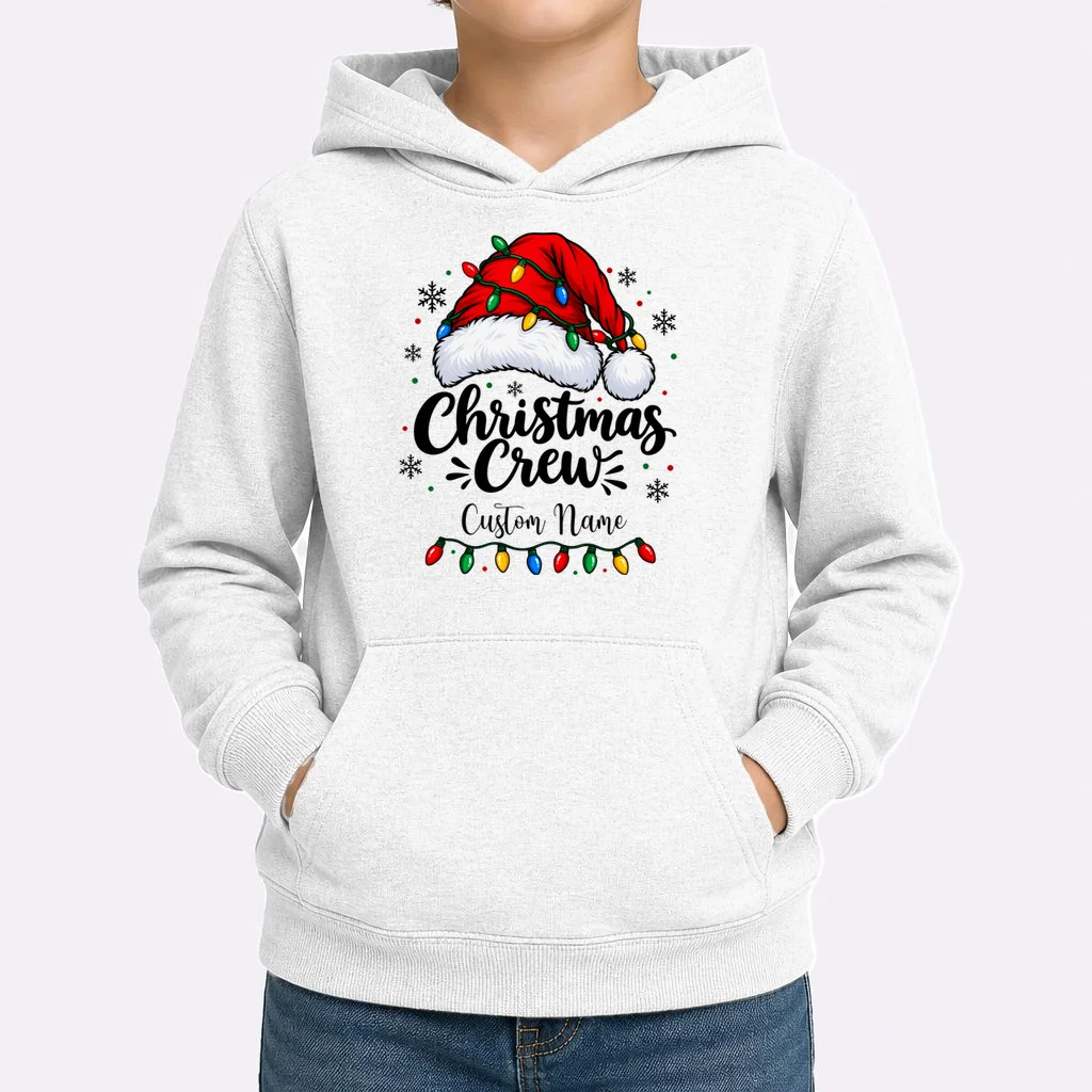 Christmas Crew Personalized Name Custom Gift - Santa Hat & Christmas Light Design Kids Hoodie - Front 1