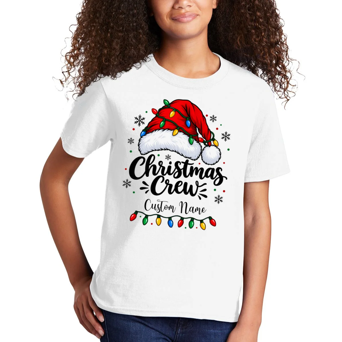 Christmas Crew Personalized Name Custom Gift - Santa Hat & Christmas Light Design Kids T-Shirt - Front 1