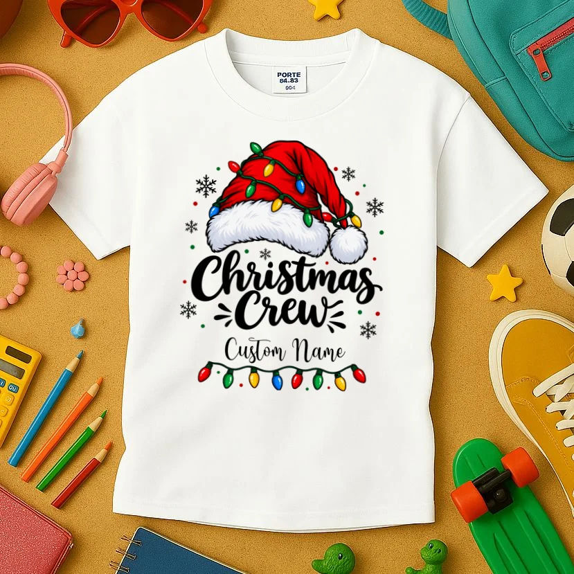 Christmas Crew Personalized Name Custom Gift - Santa Hat & Christmas Light Design Kids T-Shirt - Front 2