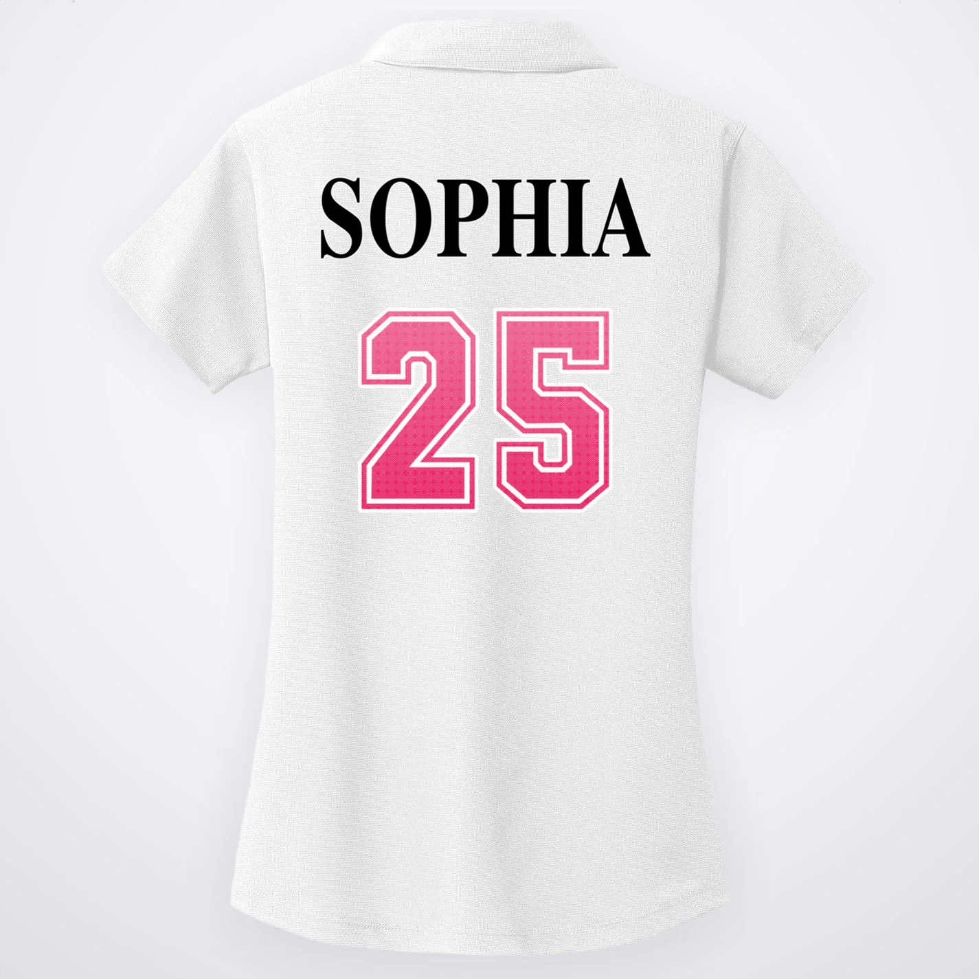 Custom Pink Out Volleyball Jersey - Personalized Name & Number Women's Polo - Back - Close-up