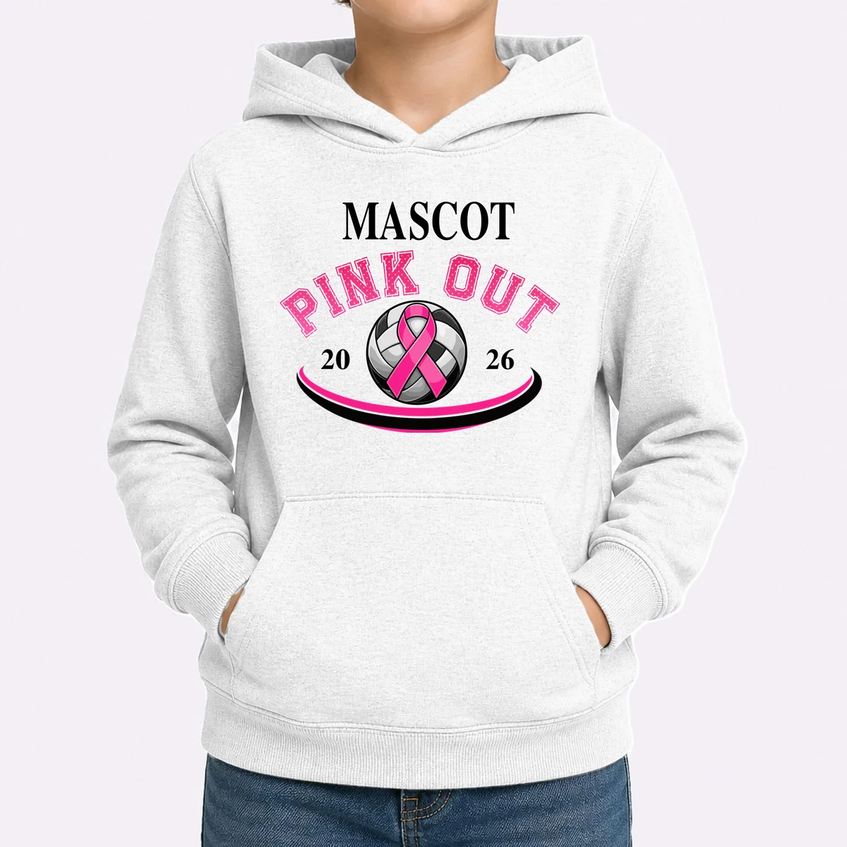 Custom Pink Out Volleyball Jersey - Personalized Name & Number Kids Hoodie - Front 1