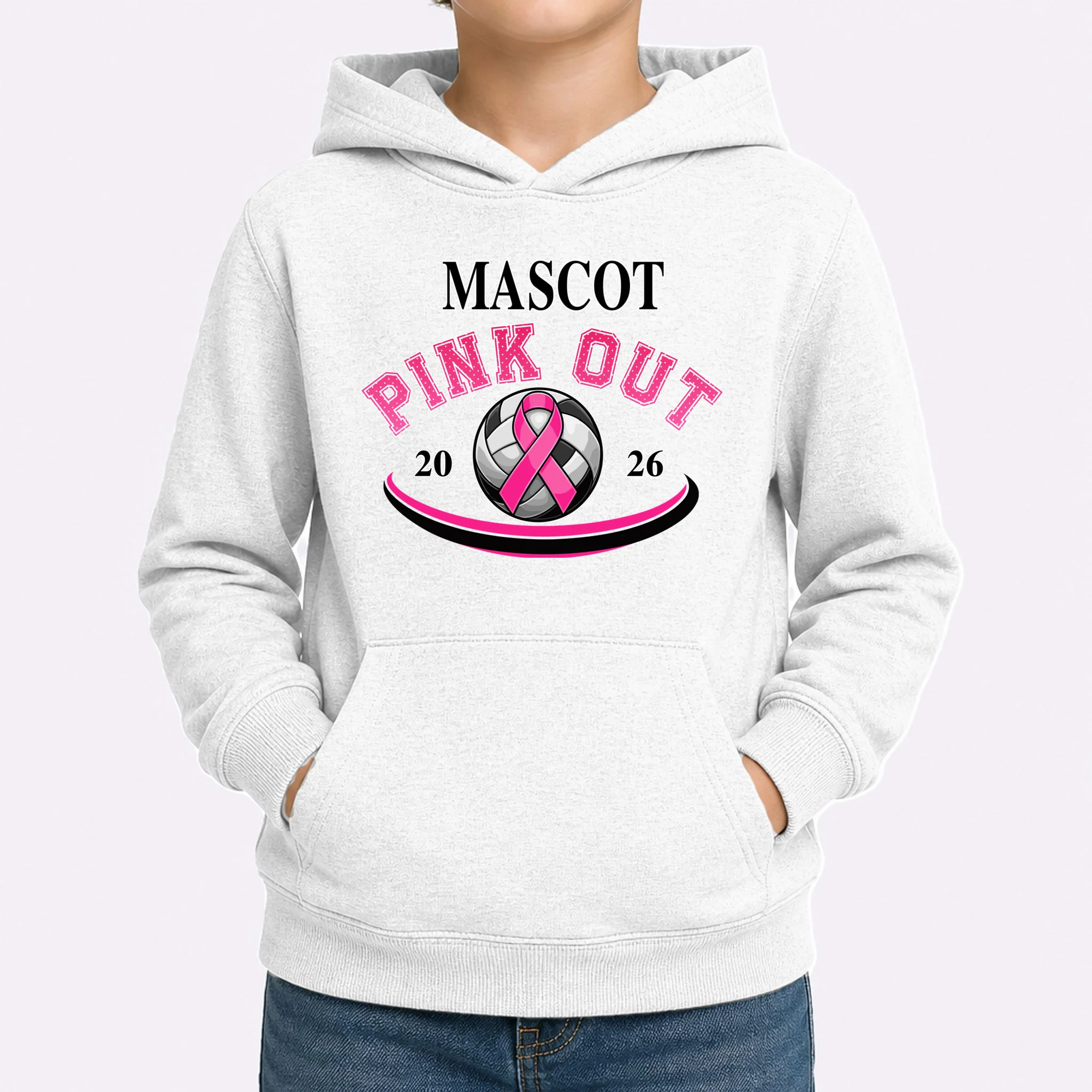 Custom Pink Out Volleyball Jersey - Personalized Name & Number Kids Hoodie - Front 1